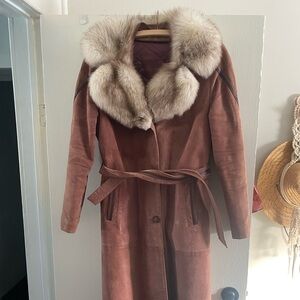 Vintage 70s LANVIN Paris Fox Fur Collar Suede Nubuck Coat Quilted Lining S M